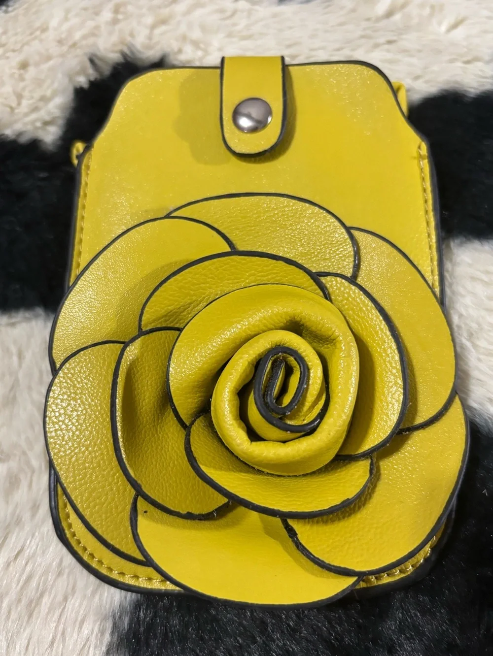 3-D rose, floral mobile phone pouch and wristlet, yellow faux leather, EUC